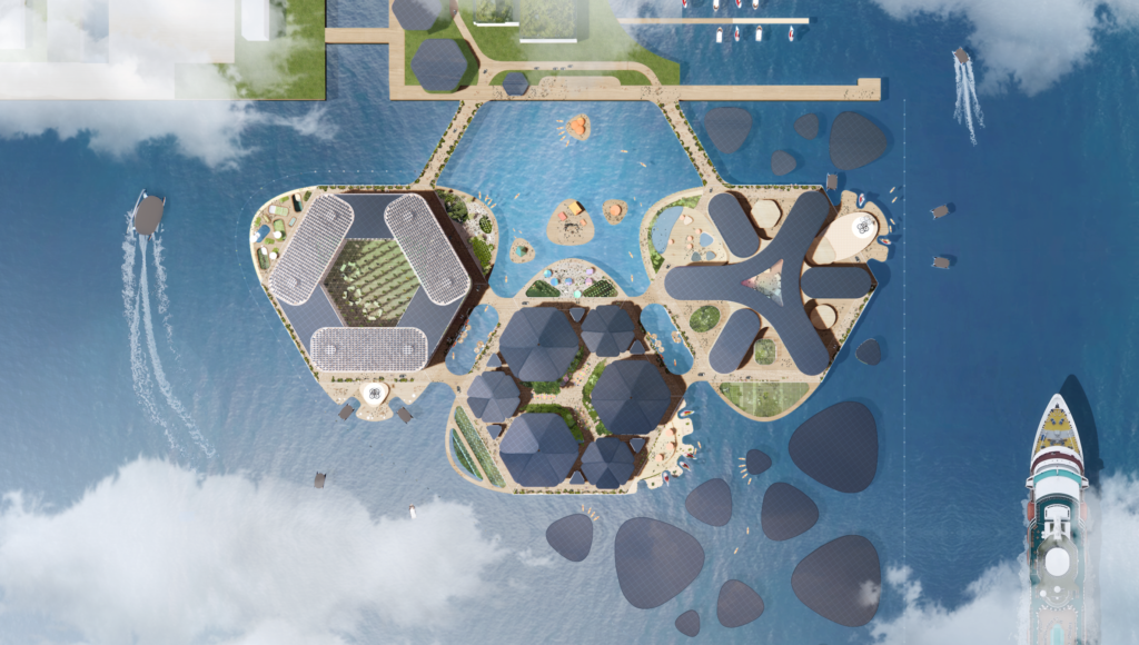 floating city aerial view of 3 platforms making up neighbourhood